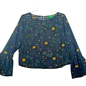 DIP Black Sheer Pink Yellow Floral Print Bell Sleeve Crop Blouse Size XL